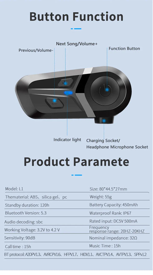 Bluetooth 5.3 Motorcycle Helmet Headset, Wireless Handsfree Earphones