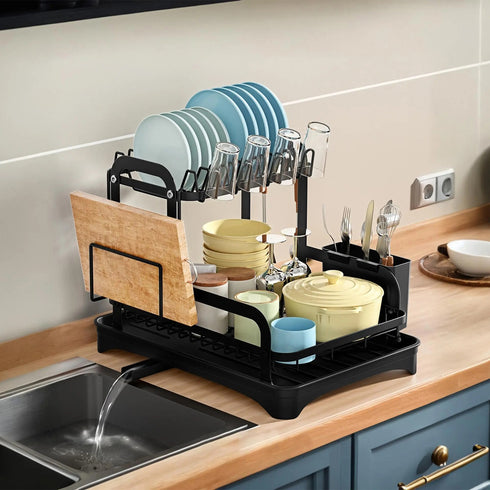2-Tier Dish Drying Rack w/ Drainboard & Utensil Holder