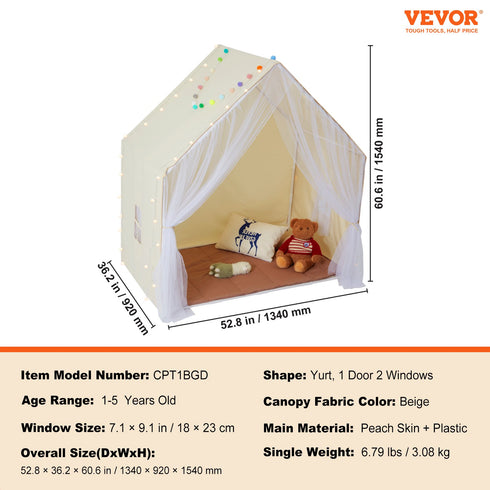 Kids Yurt Play Tent (Beige) w/ Mat & Lamp