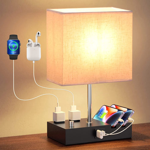 Dimmable Table Lamp w/ Dual USB Ports & Power Outlets