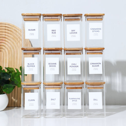 12 Pcs Square Spice Jars Set w/ 72 Stickers/Labels
